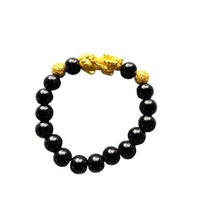 Feng Sui Black and Gold Beaded Bracelet with Dragon charm.
